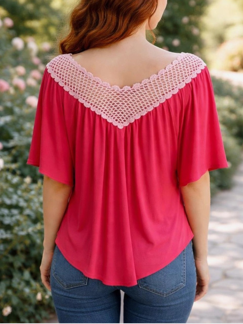 Rue21 Crochet V-Neck Flutter Sleeve Top in Hot Pink with Cream Trim - Picture 2 of 10